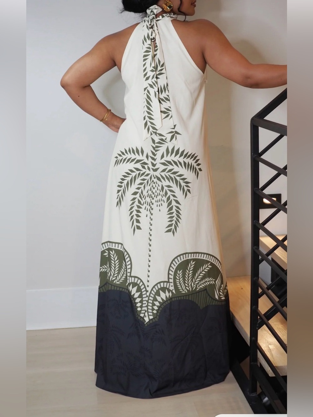 Halter Maxi Dress in White with Olive Palm